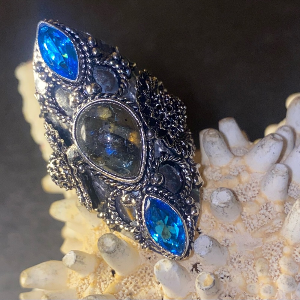 Labradorite + Blue London Quartz handcrafted Renaissance ring